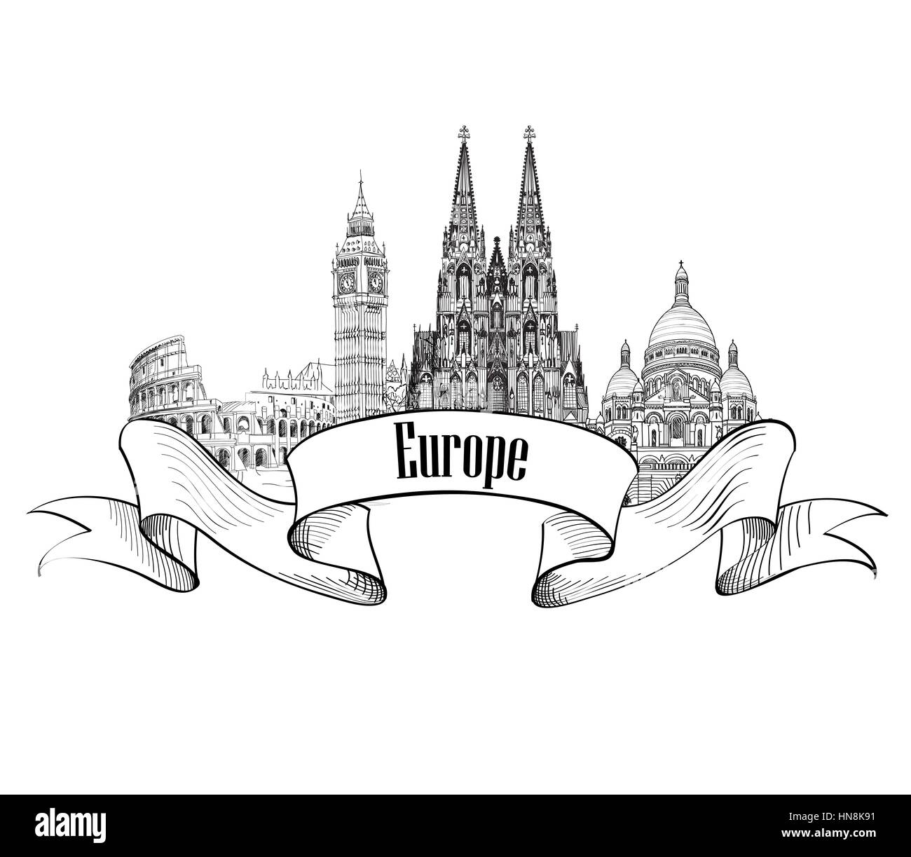 Travel Europe label. Famous buildings and landmarks. European capital city emblem. Stock Vector