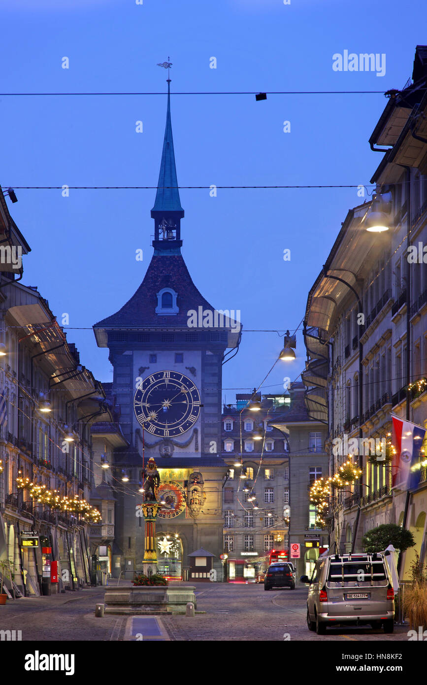 the Zytglogge, the famous clock tower of the Old Town (Altstadt) of Bern at Kramgasse ('merchants' street), Switzeralnd Stock Photo