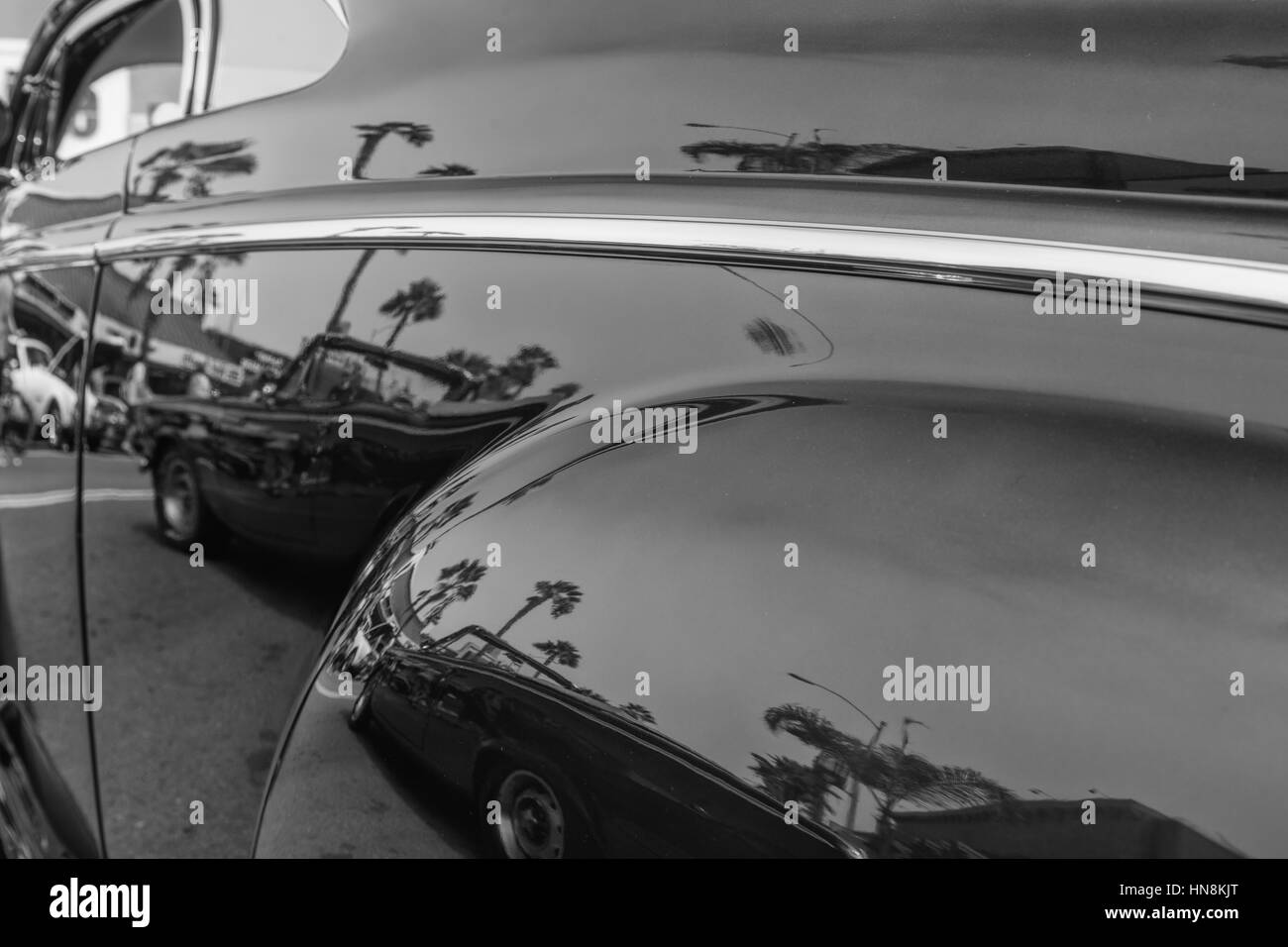 The driver's side of a 1940's classic American car in southern California. Stock Photo