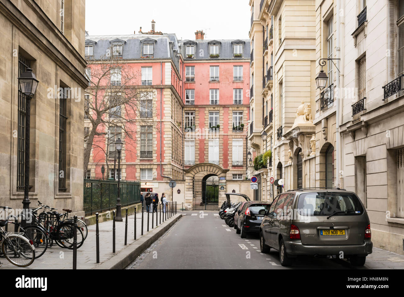 Paris street, Le Marais district. Paris, France, Europe Stock Photo
