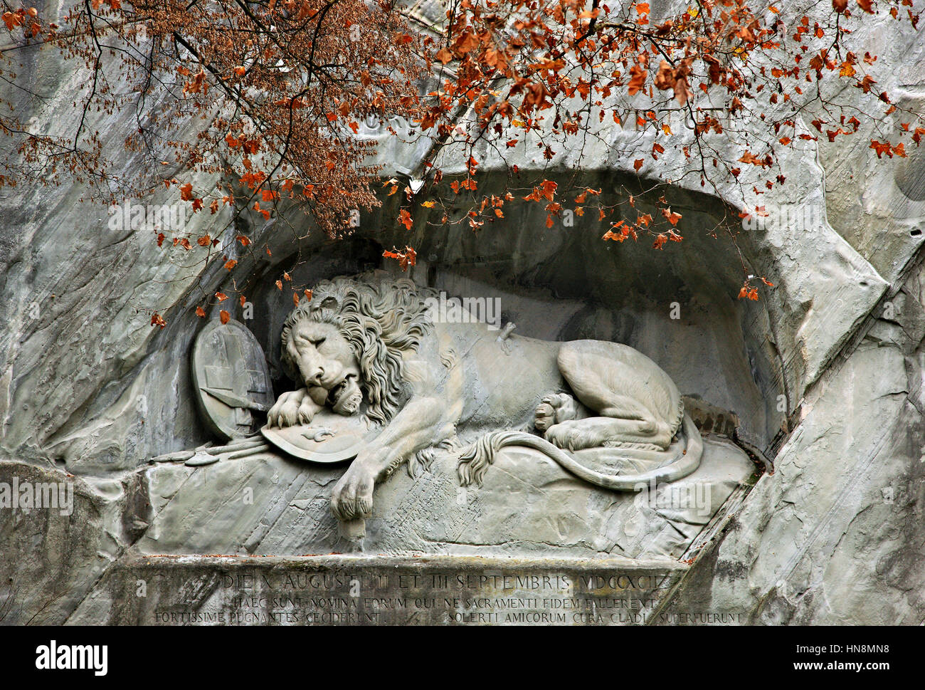 The Lion Monument (German: Löwendenkmal), or the Lion of Lucerne, a rock relief in Lucerne, Switzerland. Stock Photo