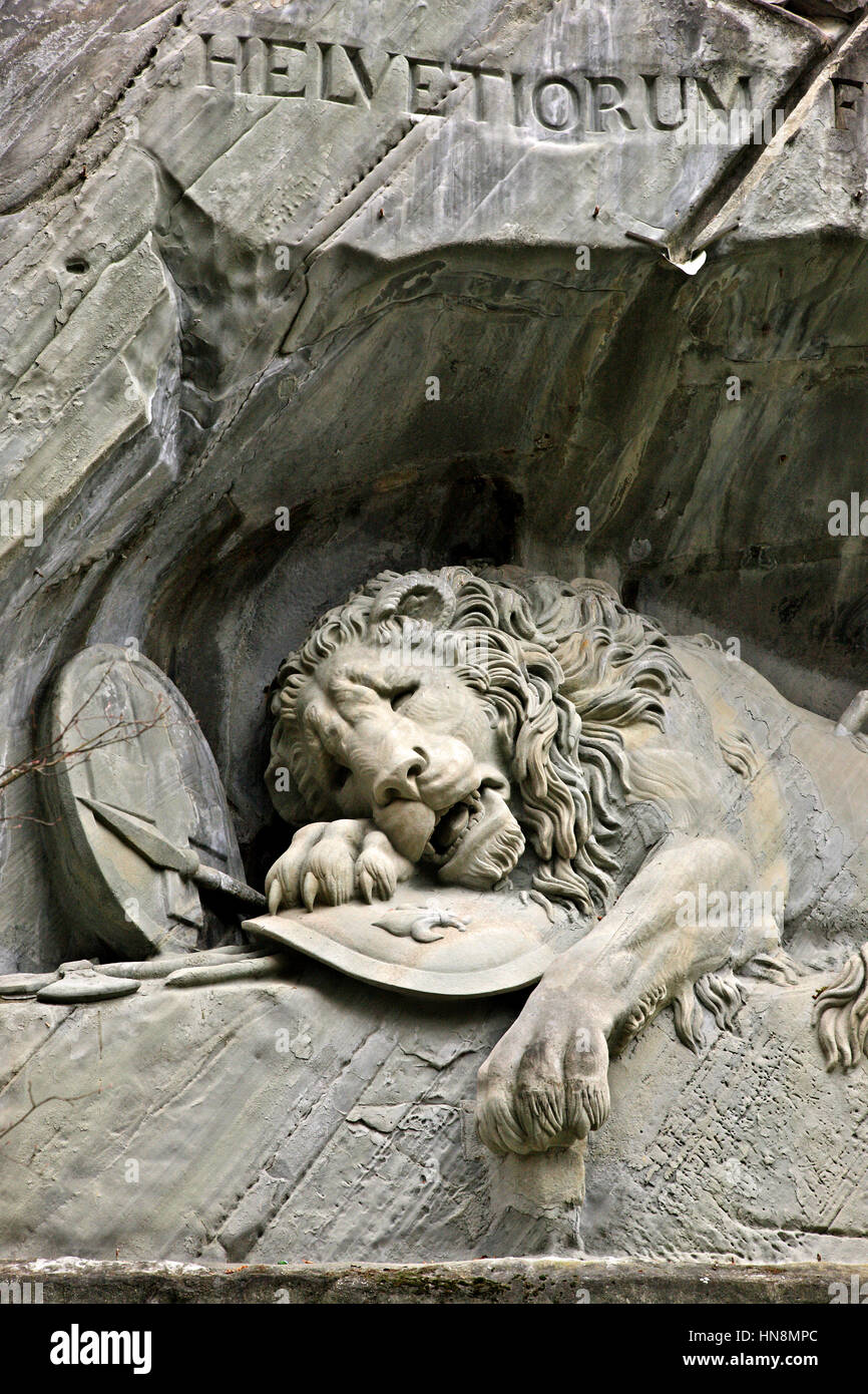 The Lion Monument (German: Löwendenkmal), or the Lion of Lucerne, a rock relief in Lucerne, Switzerland. Stock Photo