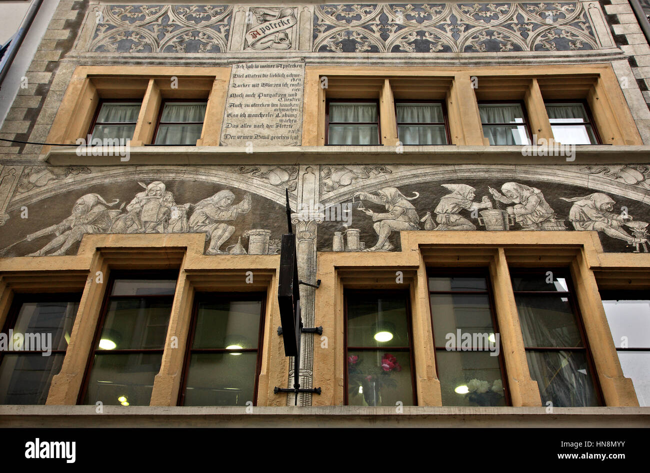 Facade of building decorated with the sgraffito technique, in the old town (Altstadt) of Lucerne, Switzerland. Stock Photo