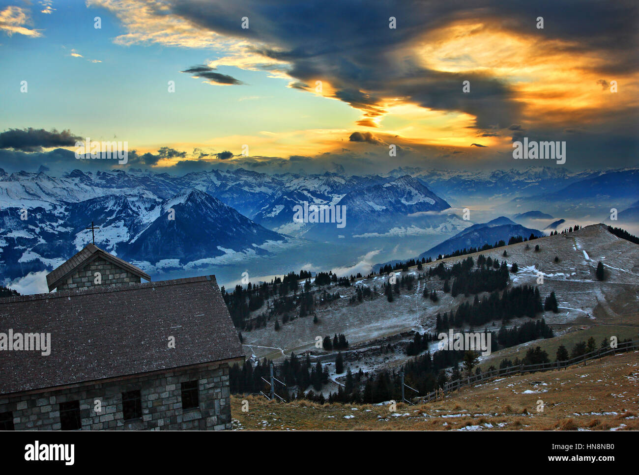 View to the Swiss Alps around sunset from the top of Mount Rigi ...