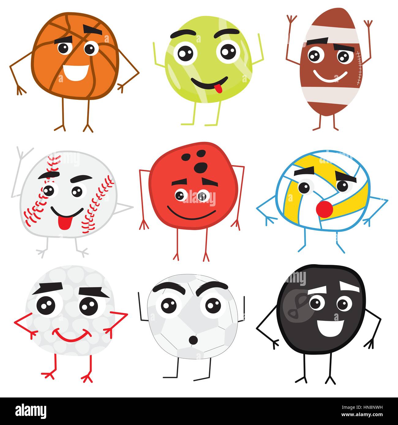 Set of Cute Cartoon Balls Characters. Basketball, tennis, american football, baseball, bowling, volleyball, golf, soccer and billiard. Vector Illustra Stock Vector