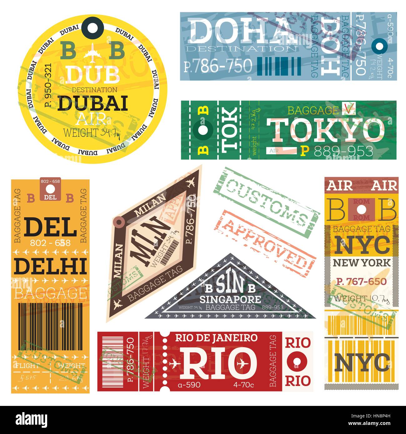 Retro Baggage Tags. Vector Illustration. Luggage Label from Dubai, Doha