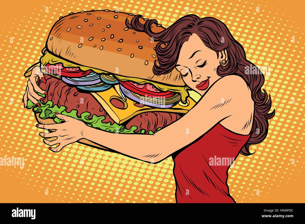 Beautiful young woman hugging Burger. Pop art retro vector vintage illustration. Fast food restaurant, diet and hunger Stock Vector