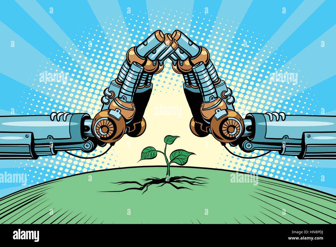 The robot arm protect green sprout, technology environment and nature. Pop art retro vector vintage illustration. Earth day and eco policy Stock Vector