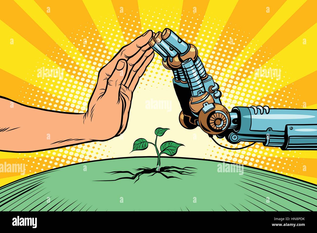 Humans and robots protect nature. Ecology green sprout. Pop art retro vector vintage illustration. Earth day and eco policy Stock Vector