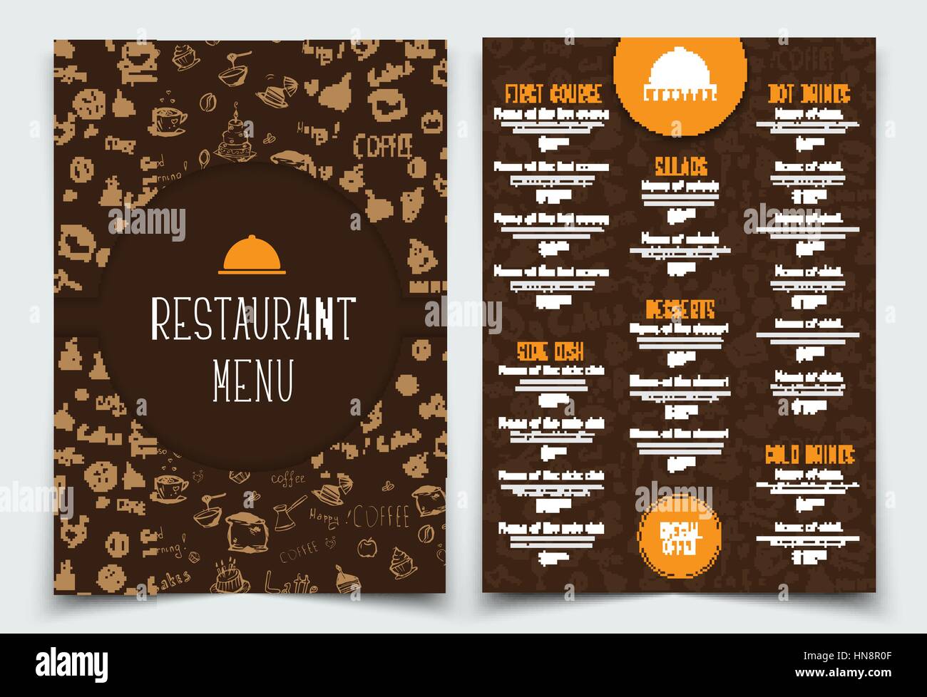 Design A4 menu for restaurant or cafe. brown and orange Template with drawings of hands and logo