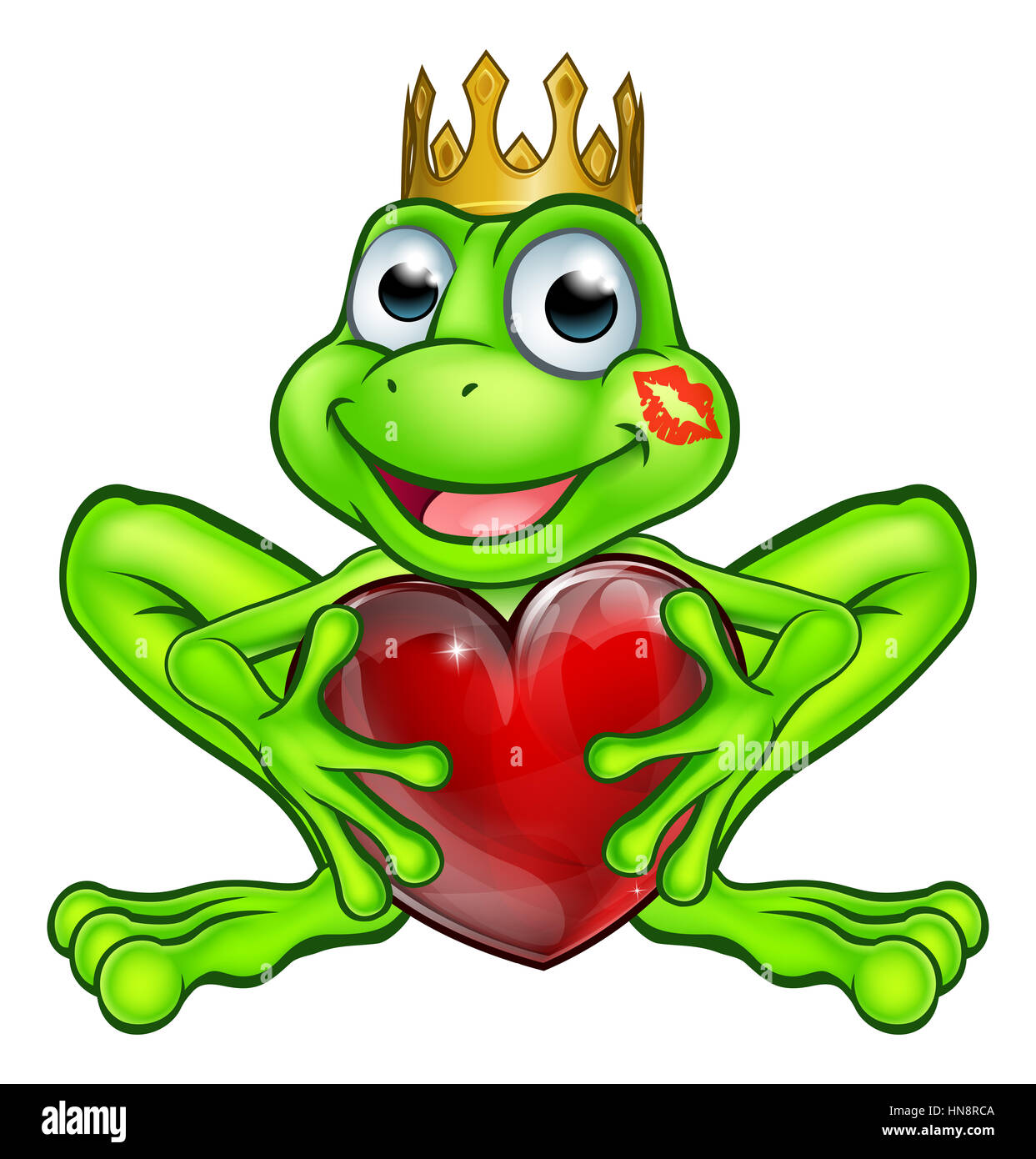 Cartoon frog prince fairy tale mascot character weringa golden crown and holding a heart shape with a lipstick kiss mark on his face Stock Photo