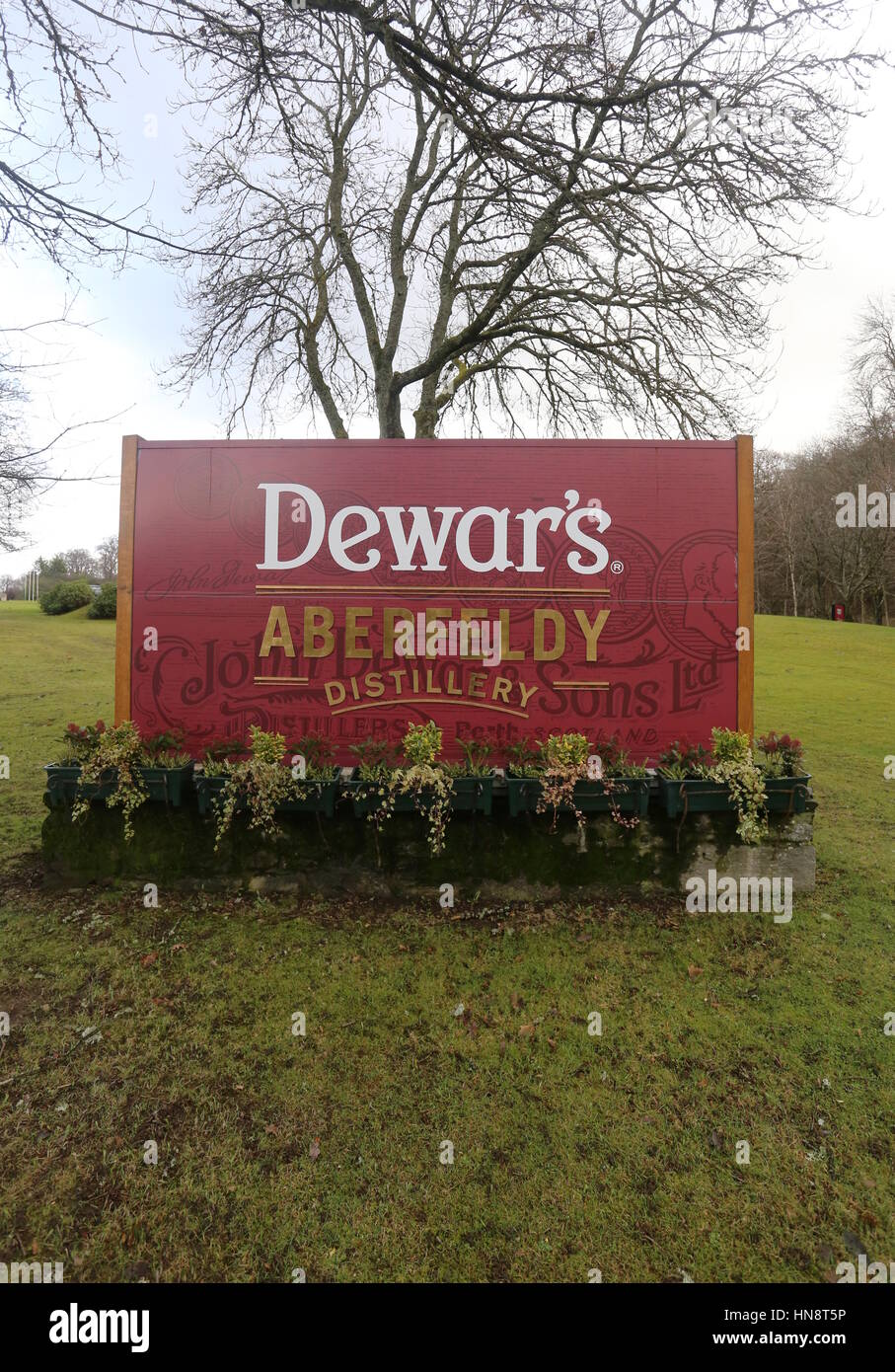 Sign for Dewars World of Whisky Aberfeldy Perthshire Scotland  February 2017 Stock Photo