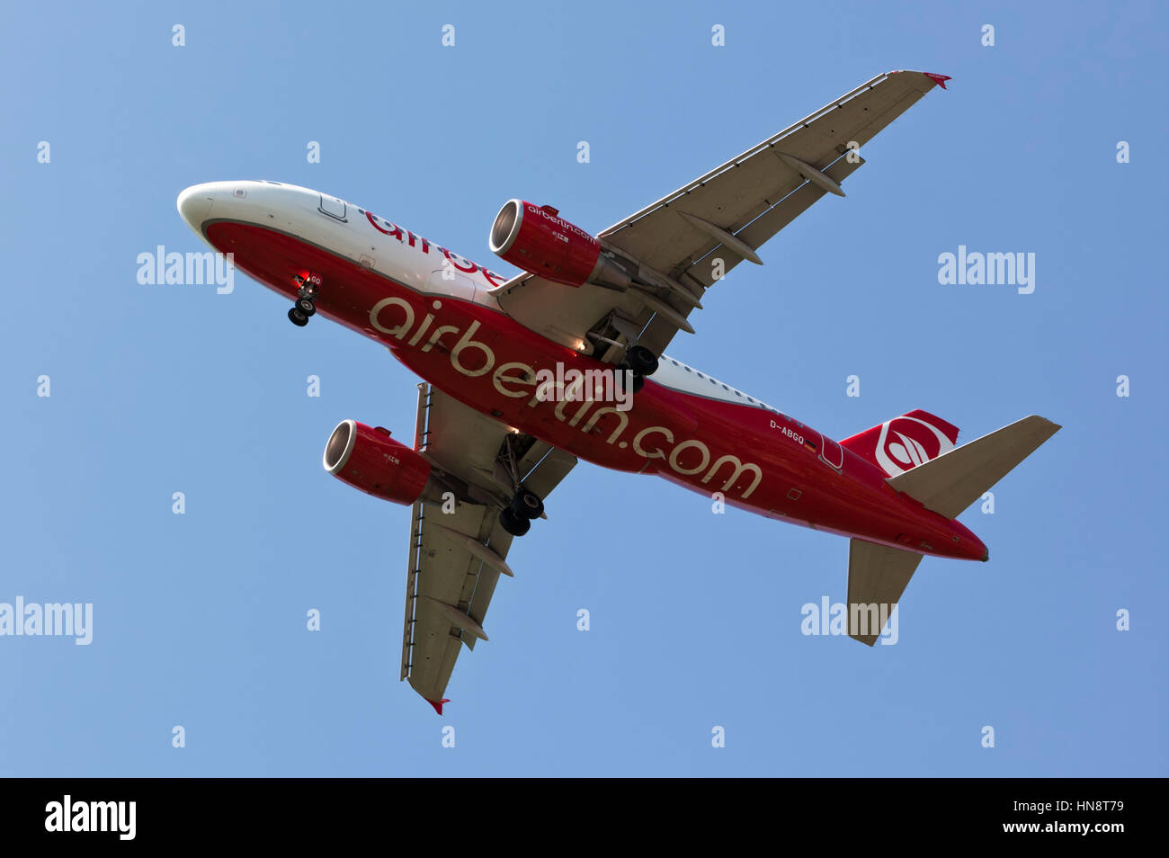 Dusseldorf, Germany -  May 29, 2011: An Air-Berlin jet taking off from DUS airport, blue sky. Stock Photo