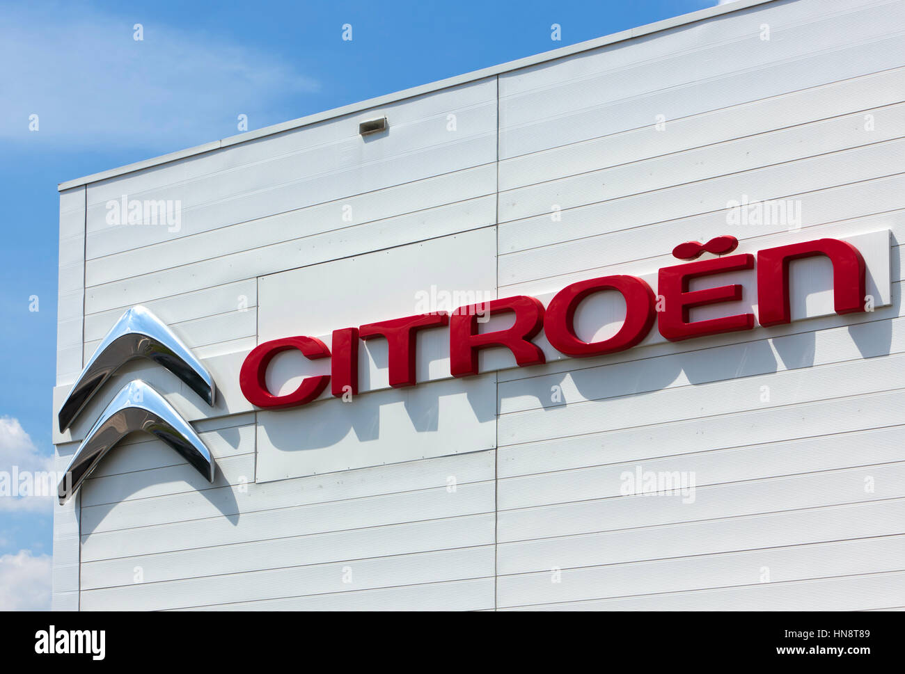 Citroen logo on the wall of car dealer's building. Citroen is a major French automobile manufacturer, part of the Stock Photo