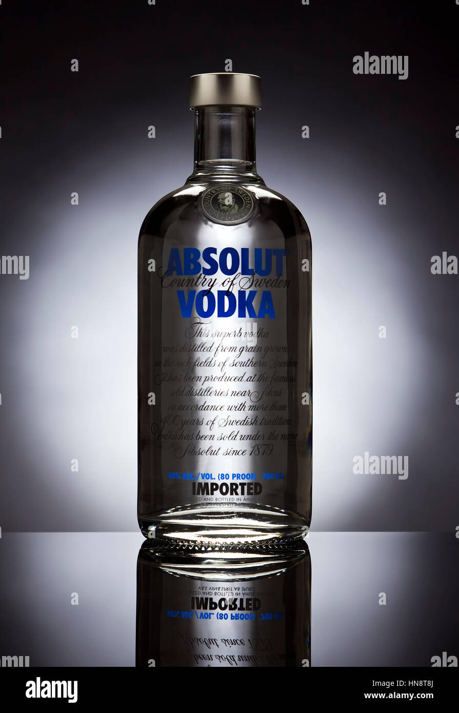 Absolut Vodka bottle in studio setup. Absoplut Vodka is produced near Åhus in Sweden. Since July 2008 the company has been owned by Pernod Ricard Stock Photo