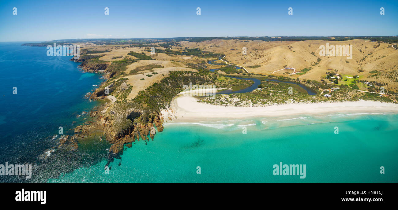 Snelling Beach Kangaroo Island North Coast and Middle River Aerial panorama. Snelling ...