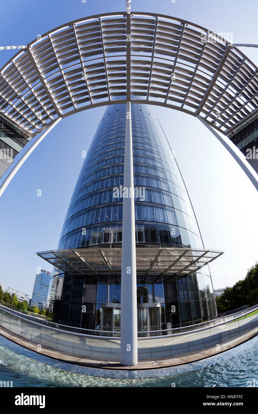 Essen, Germany - September 1, 2011: Fisheye view of RWE headquarters building. RWE AG is a German electric power and natural gas public utility compan Stock Photo