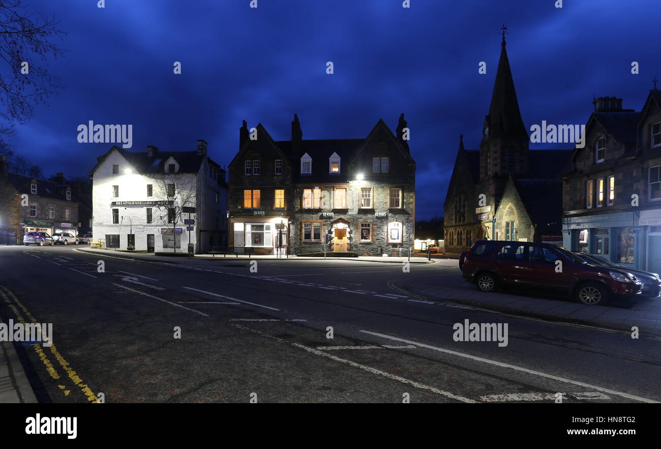 Aberfeldy street scene including Breadalbane Arms Hotel by night  Aberfeldy Perthshire Scotland February 2017 Stock Photo