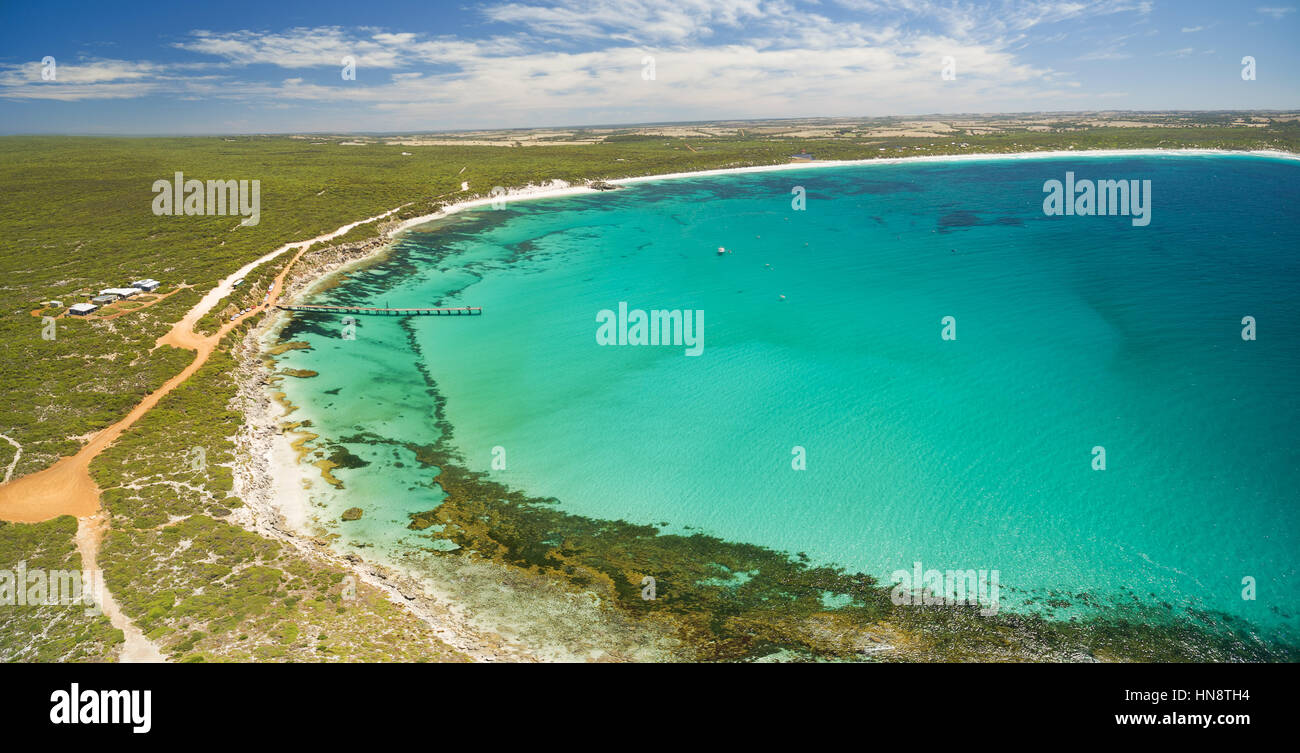 Aerial panorama of Vivonne Bay and pier in Summer. Kangaroo Island, South Australia Stock Photo