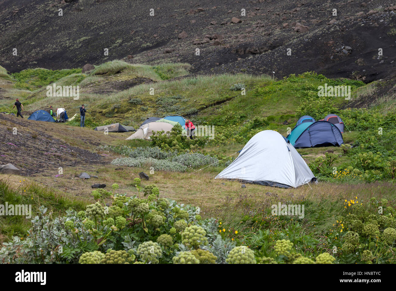 The Official Camping Area at Botnar on the Emtrur Section of the Laugarvegur Hiking Trail (Laugavegurinn) Iceland. Stock Photo