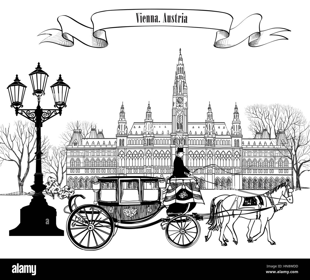 Wien city view with rathaus and carriage.  Vienna street. Travel Austria card. Stock Vector