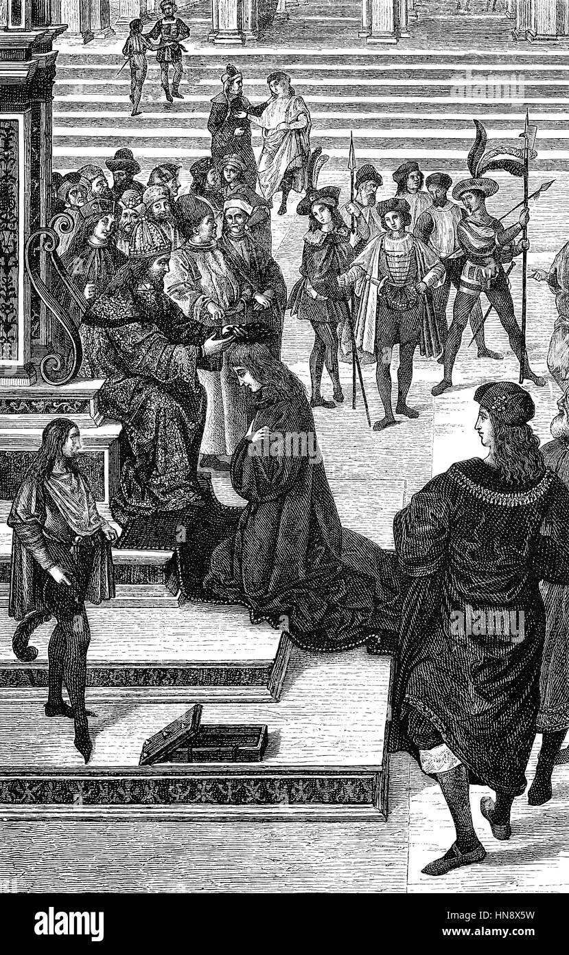 Enea Silvio Bartolomeo Piccolomini, Pope Pius II, is crowned poet laureate by Holy Roman Emperor Frederick III in 1442 Stock Photo