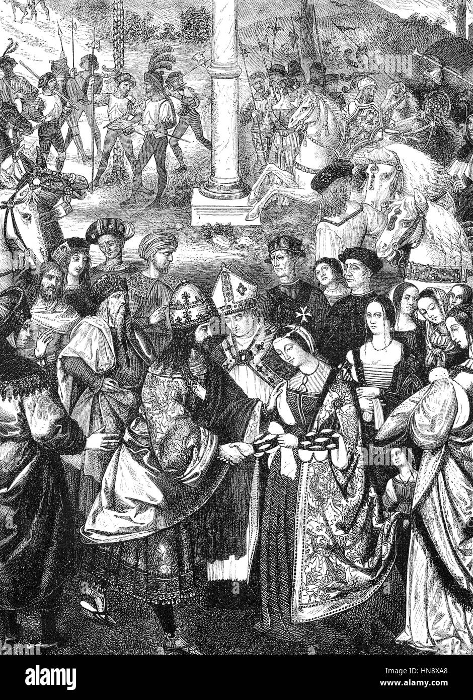 Detail of Aeneas Piccolomini introduces Eleonora of Portugal to Frederick III by Pinturicchio Stock Photo