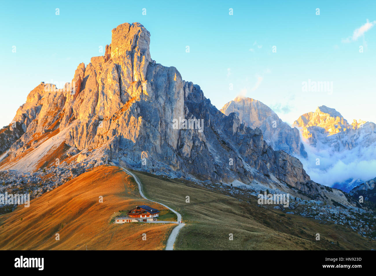 Dolomites mountains the Passo di Giau, Monte Gusela at behind  Nuvolau gruppe at sunset in South Tyrol, Italy Stock Photo
