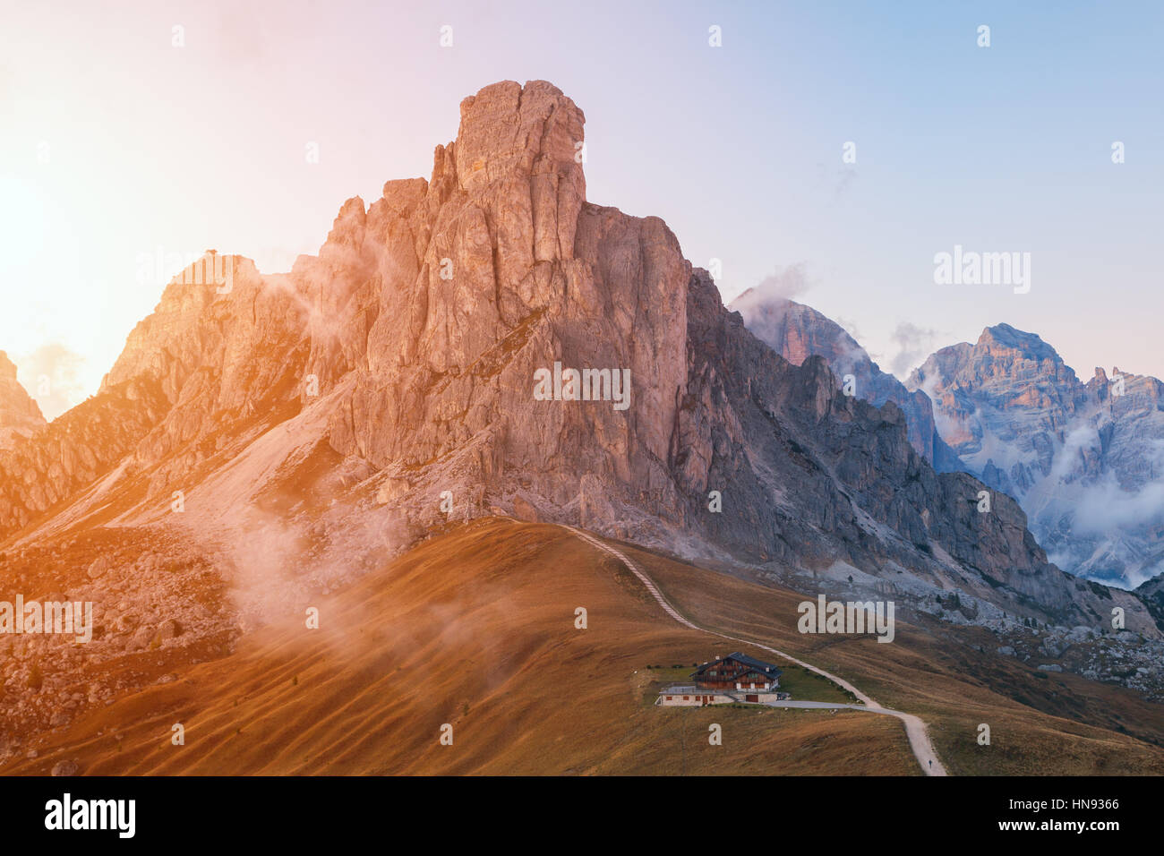 Dolomites mountains the Passo di Giau, Monte Gusela at behind  Nuvolau gruppe at sunset in South Tyrol, Italy Stock Photo