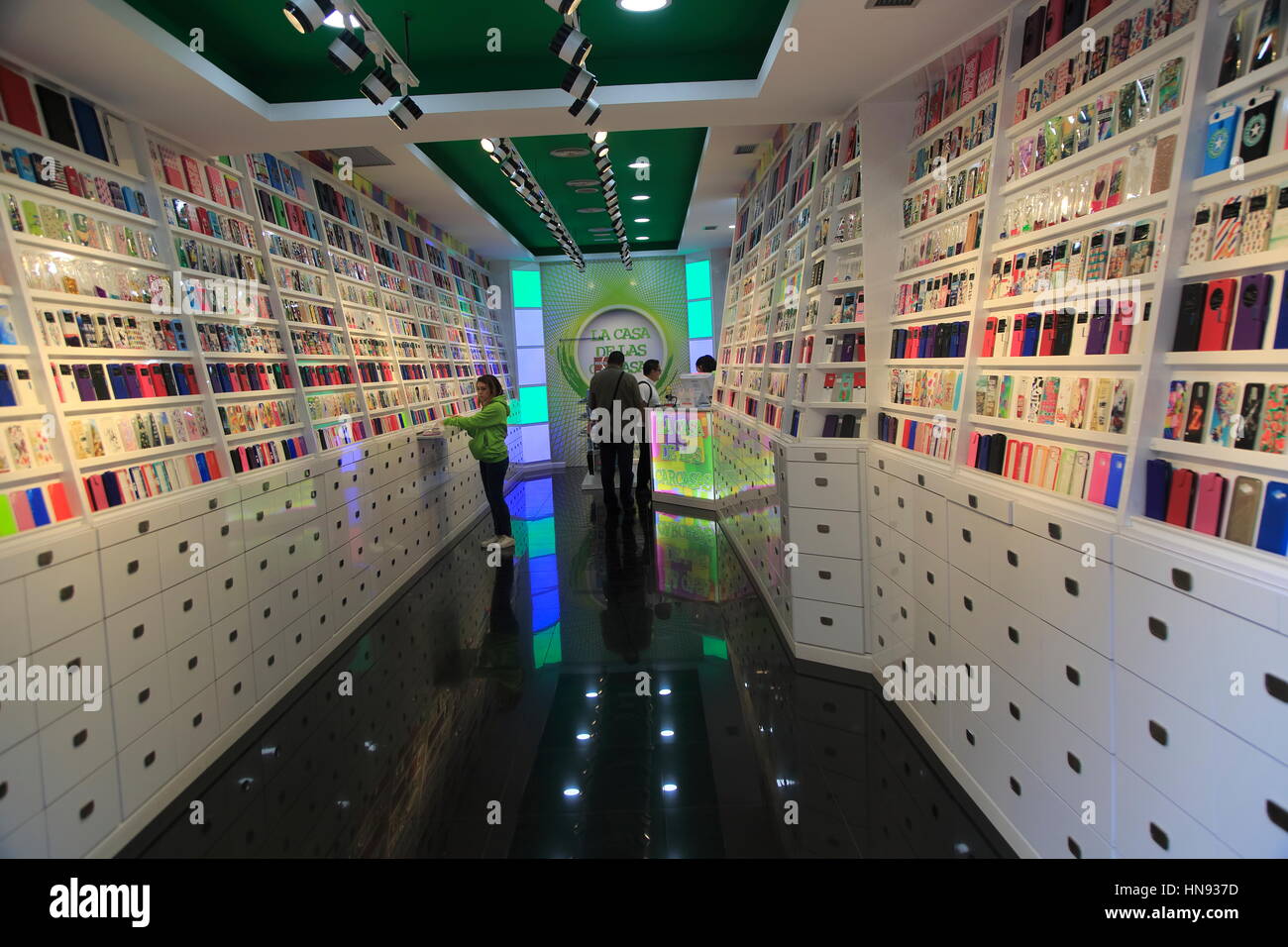Interior of shop selling mobile phone cases, Valencia, Spain Stock Photo