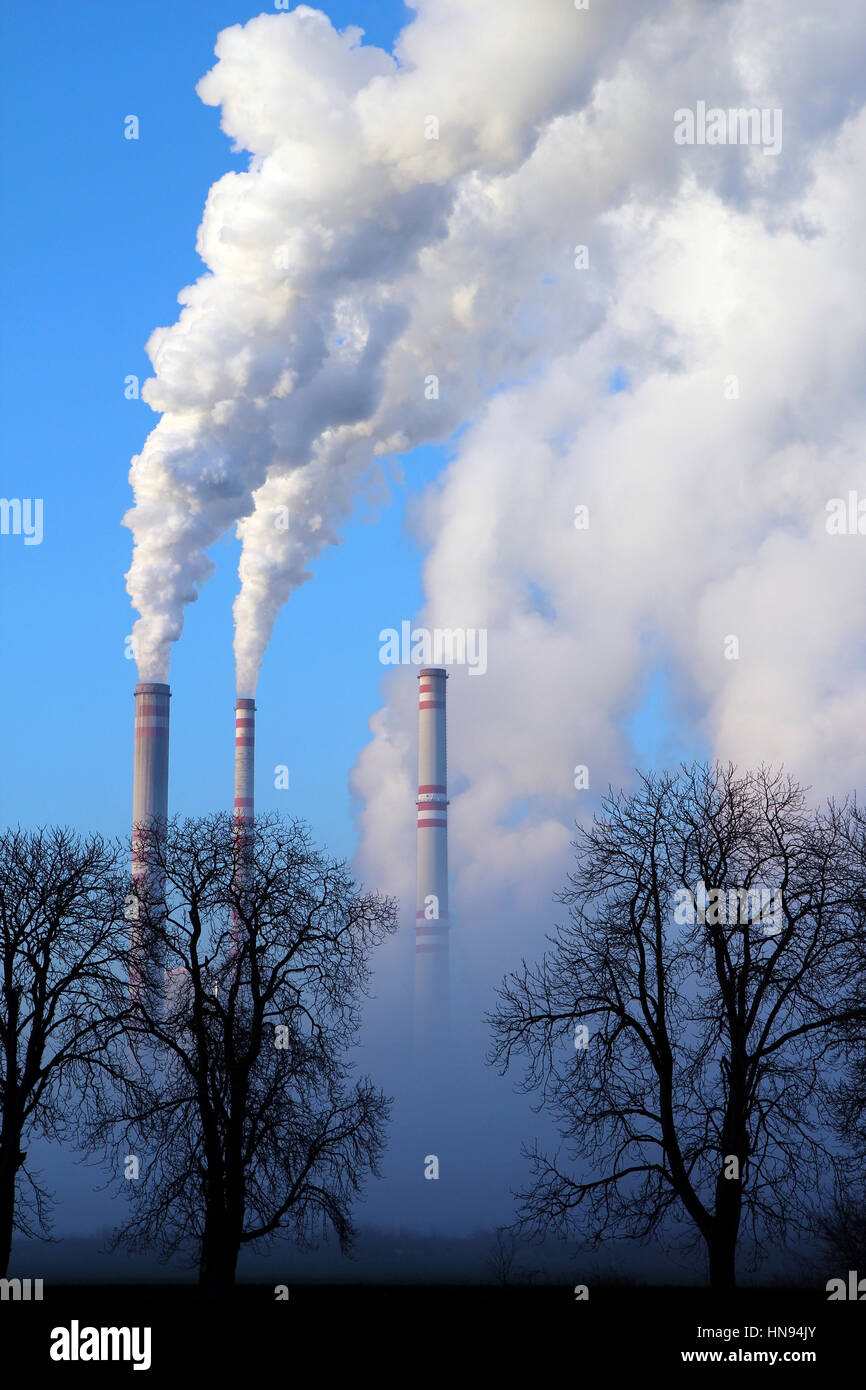 misty day and steaming coal power plant Stock Photo