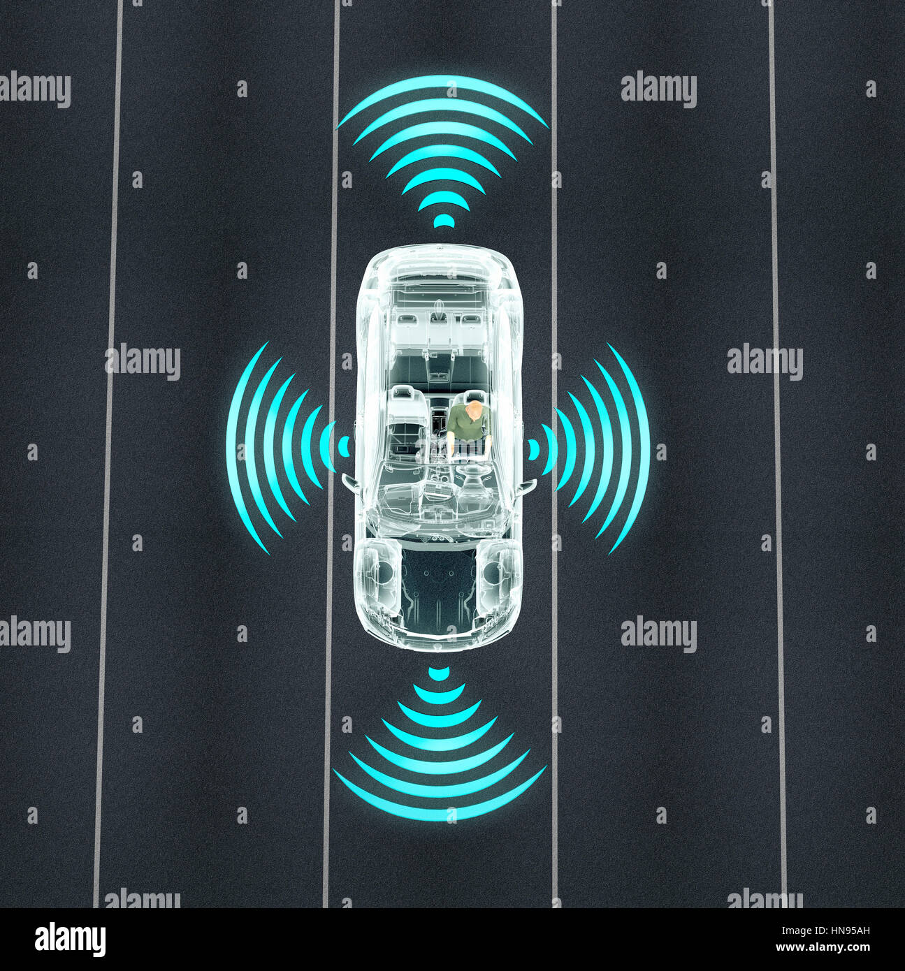 self driving electronic computer cars on road, 3d illustration Stock Photo