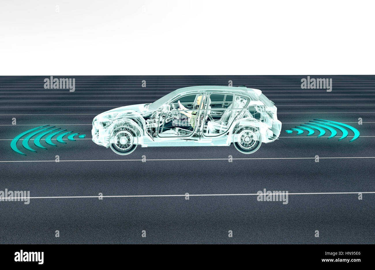 self driving electronic computer cars on road, 3d illustration Stock Photo