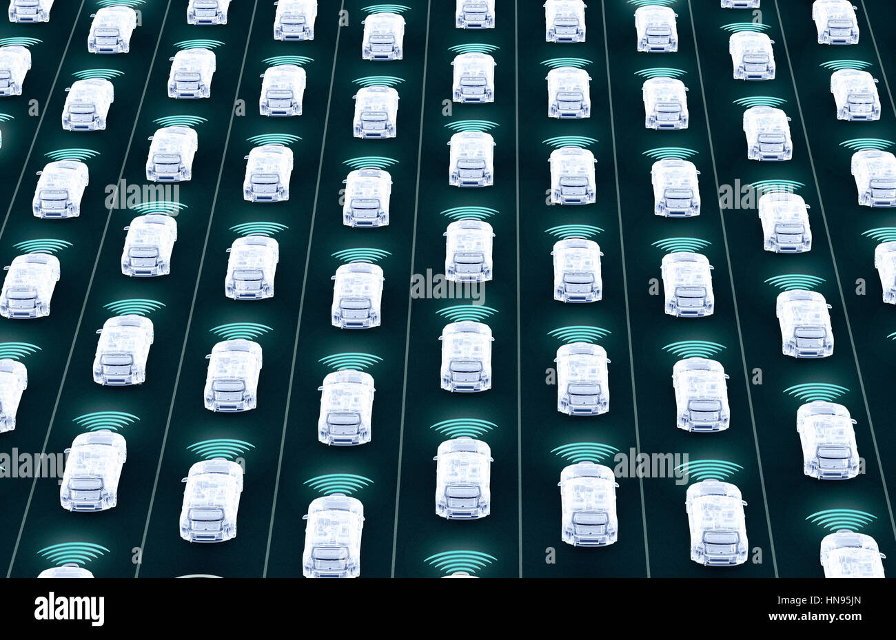 self driving electronic computer cars on road, 3d illustration Stock Photo