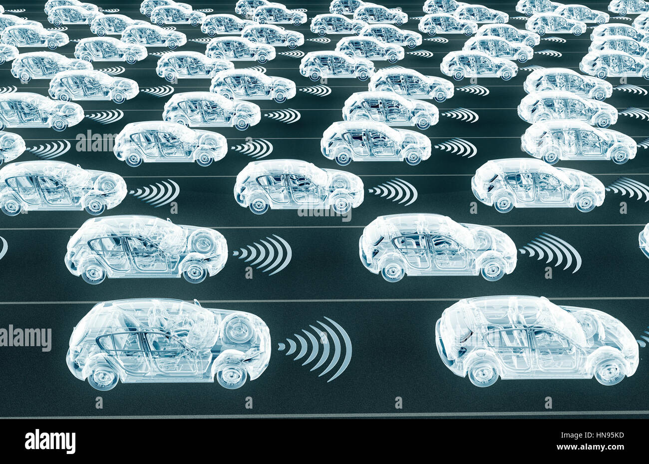 self driving electronic computer cars on road, 3d illustration Stock Photo