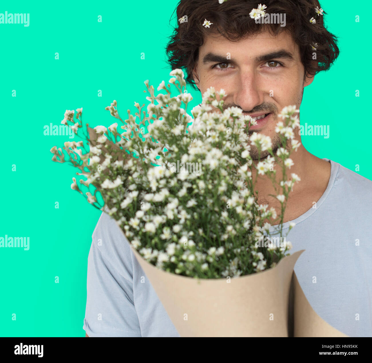Man Smiling Happiness Flower Bouquet Portrait Concept Stock Photo Alamy