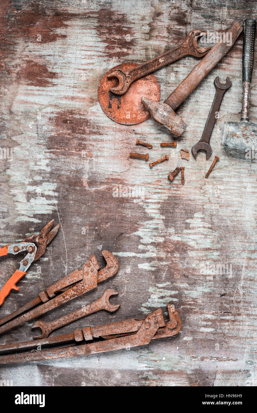 The set of construction tools on wooden background Stock Photo - Alamy