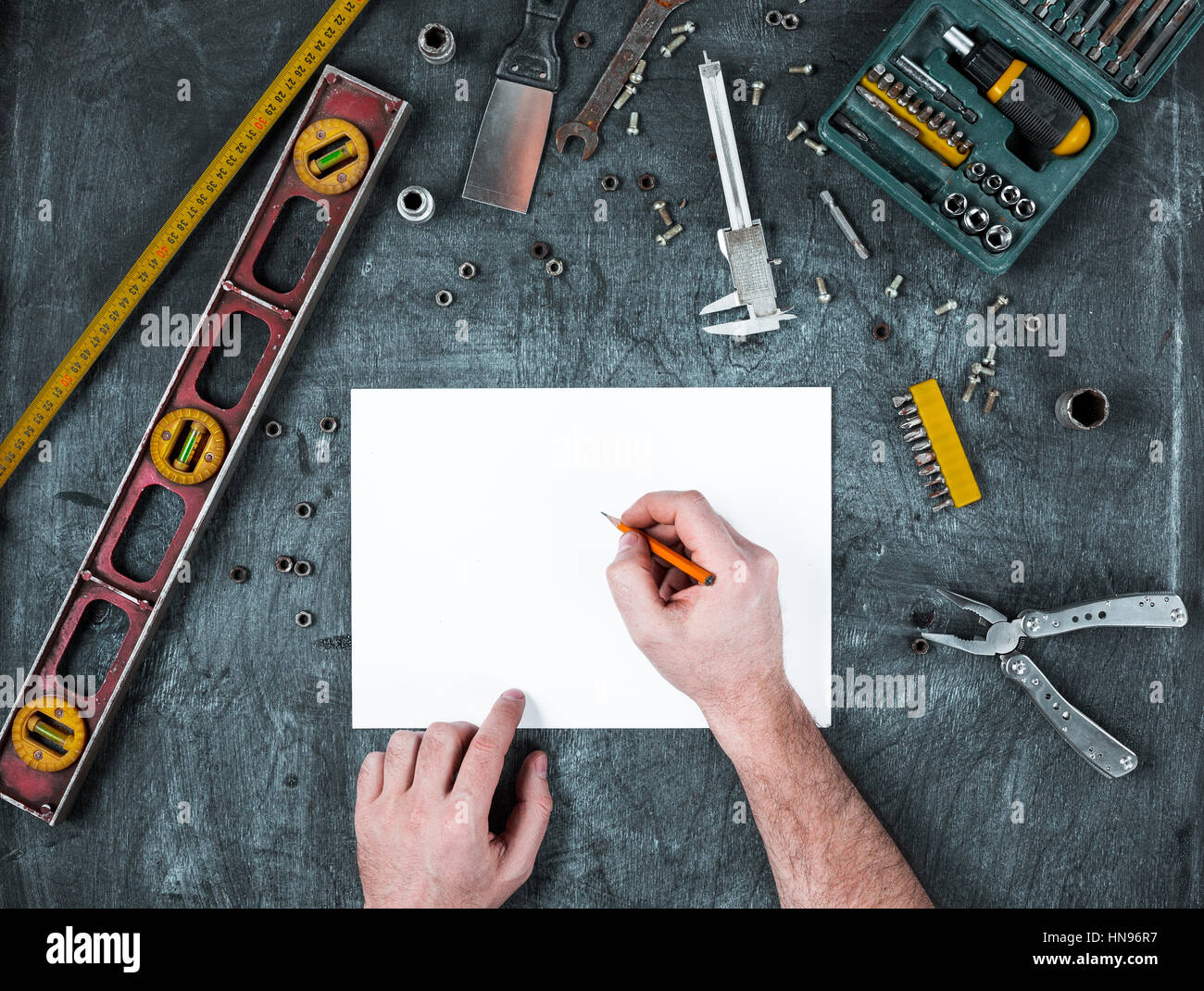 The set of construction tools on wooden background Stock Photo - Alamy