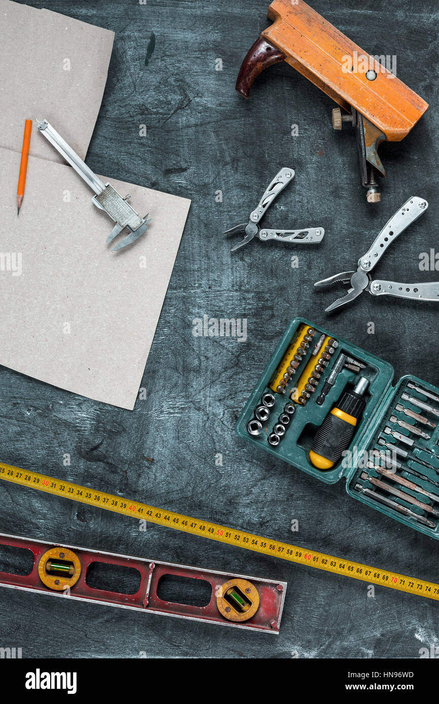 The set of construction tools on wooden background Stock Photo - Alamy
