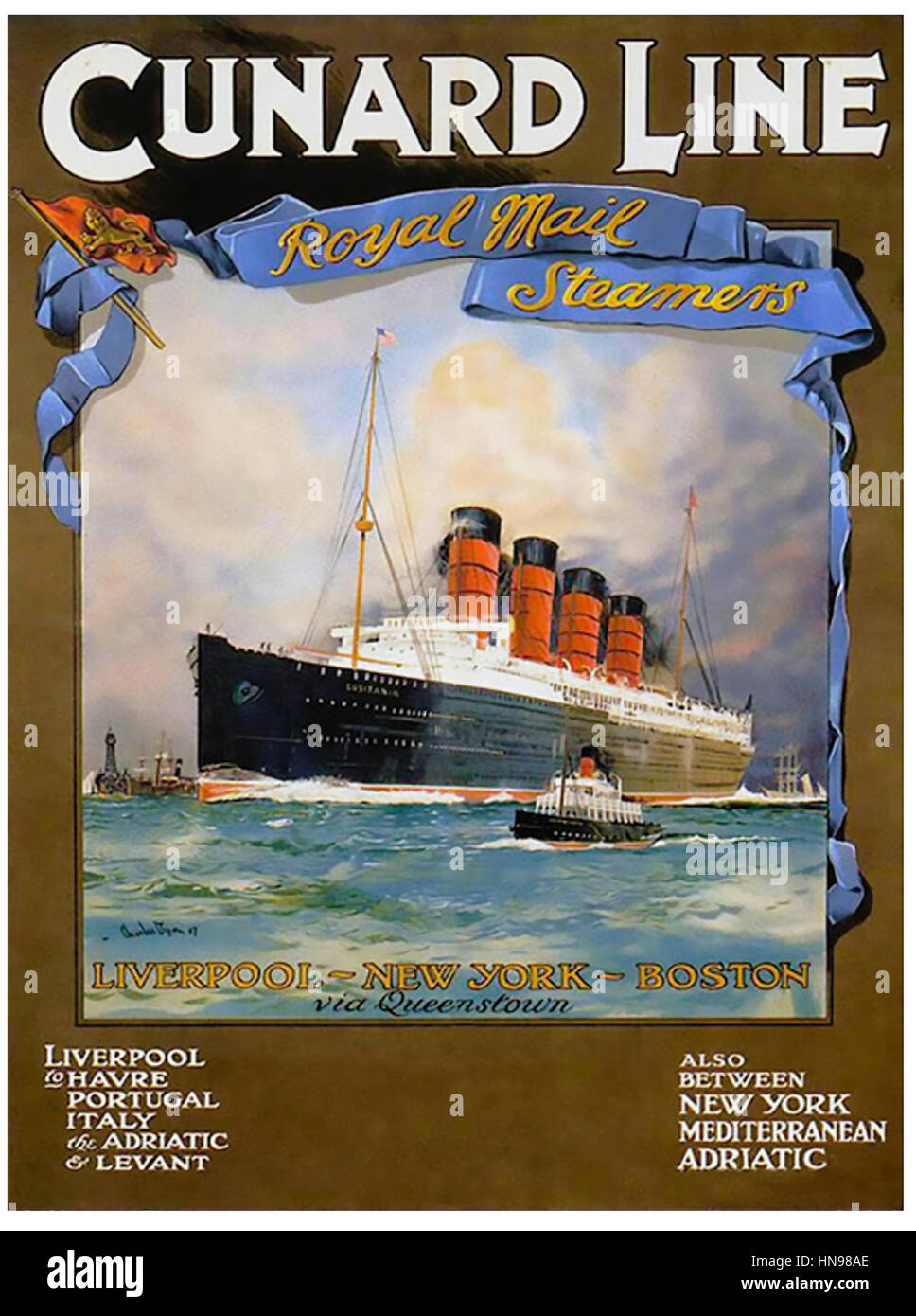 RMS LUSITANIA ocean liner shown on a Cunard Line poster in 1907 Stock Photo