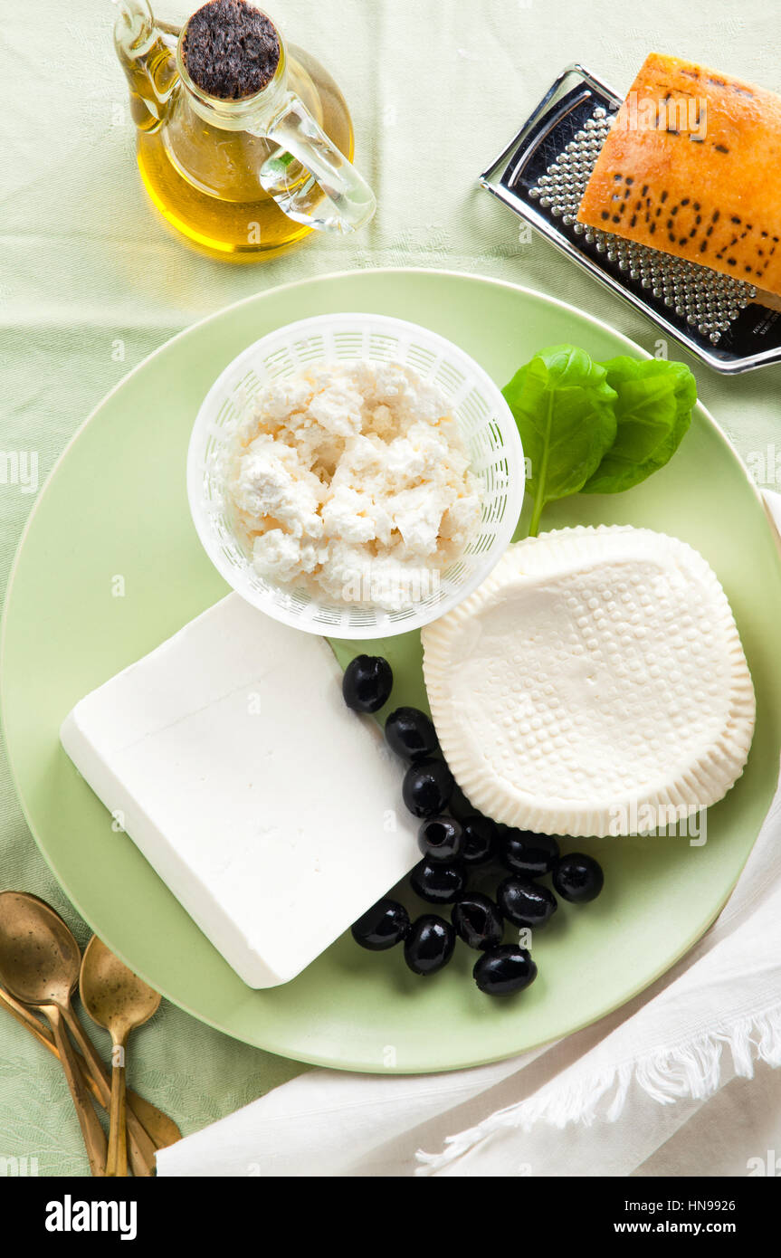 Ricotta, Feta and sheep Cheese. group of white cheeses on the appetizers plate Stock Photo Alamy