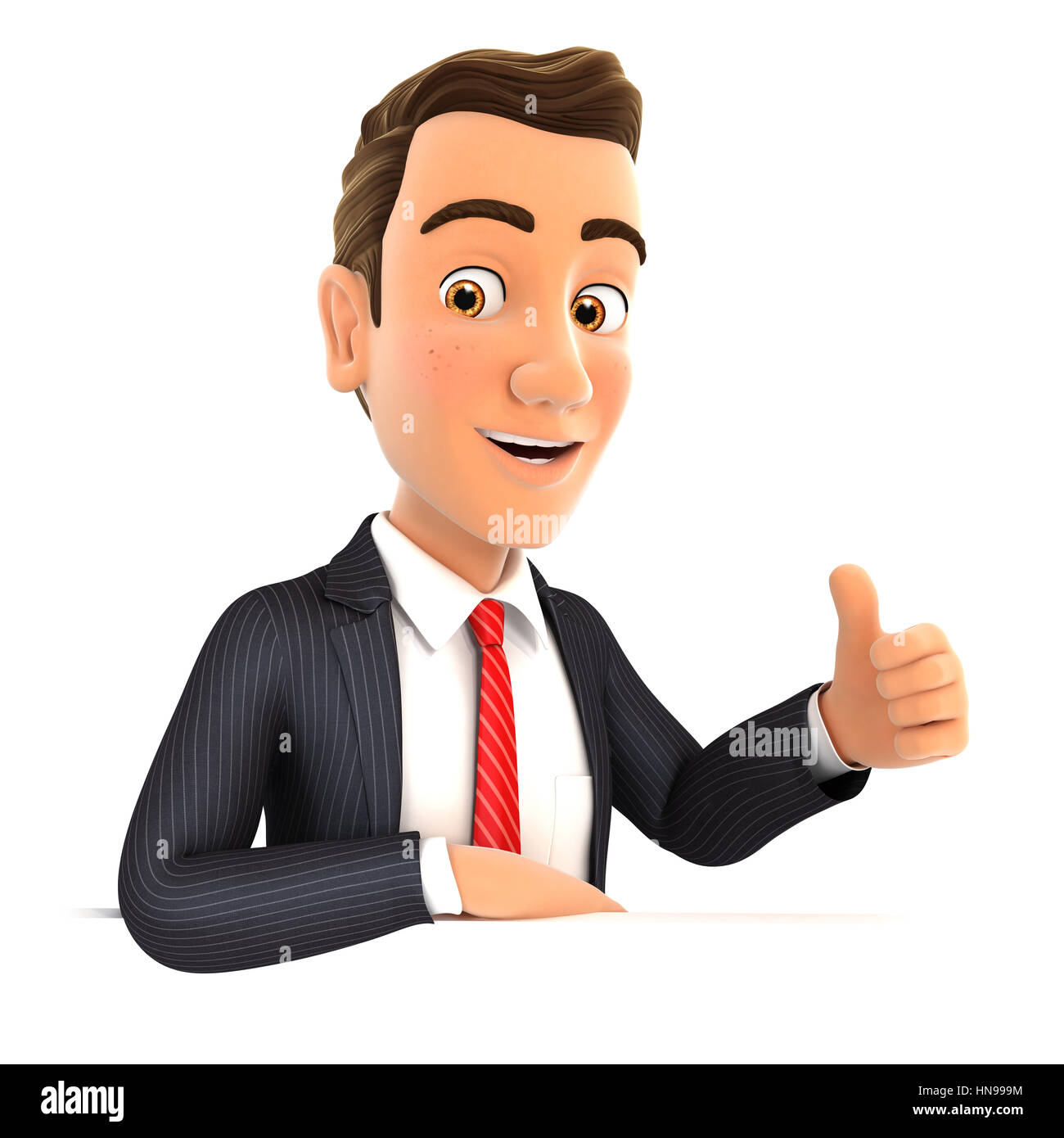 3d businessman with his elbow on the wall and thumb up, illustration with isolated white background Stock Photo