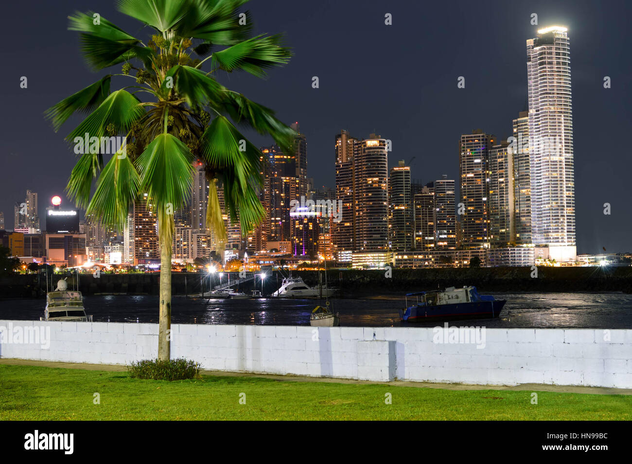 Panama City, Panama - August 29, 2015: Panama city skyline is seen at night on August 29, 2015 in Panama, Central America. Stock Photo