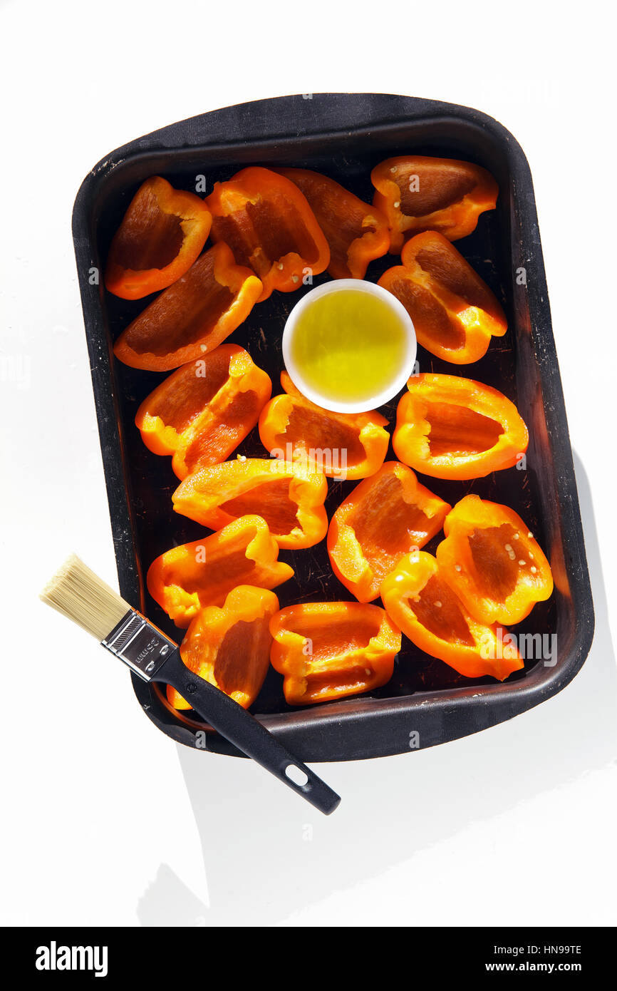 Peppers On Baking Sheet Stock Photo Alamy