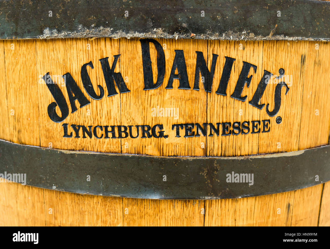 Jack Daniel's Distillery. Branded oak barrel at the Jack Daniels Distillery in Lynchburg, Tennessee, USA Stock Photo