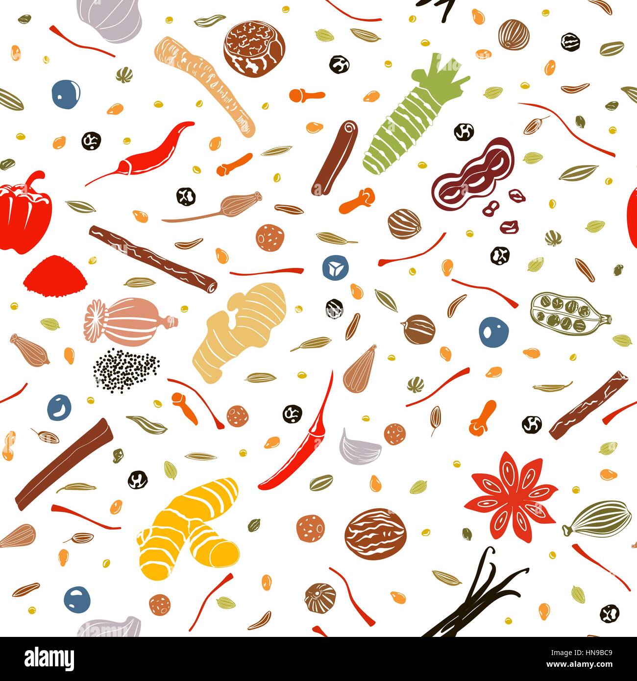 Cooking spices flat style seamless pattern vector set. Popular culinary seasonings. Design for cosmetics, market, health care products, aromatherapy,  Stock Vector