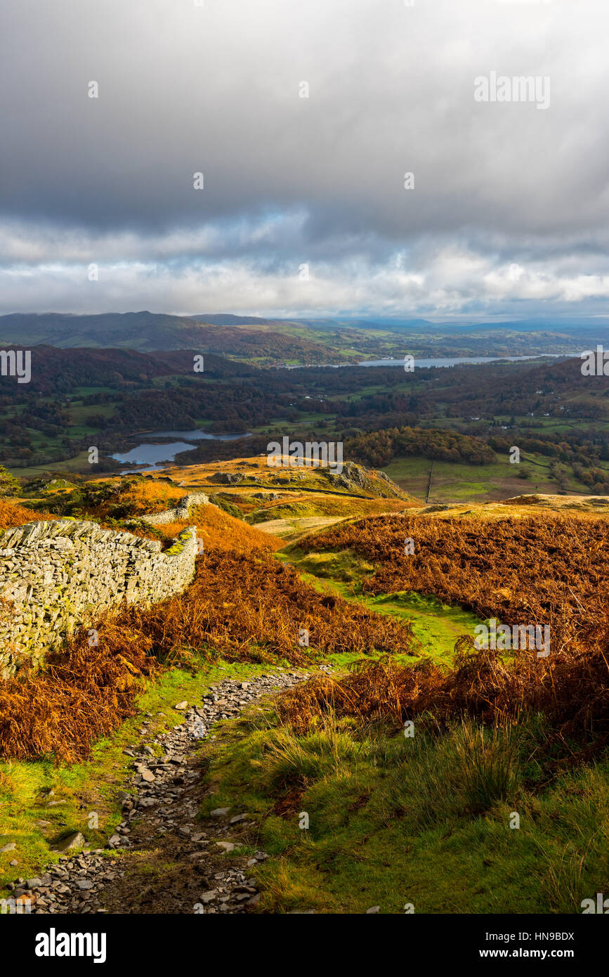 South Lakeland fells from Lingmoor Fell with Elter Water and Windermere in the distance. Lake District National Park, Cumbria, England. Stock Photo