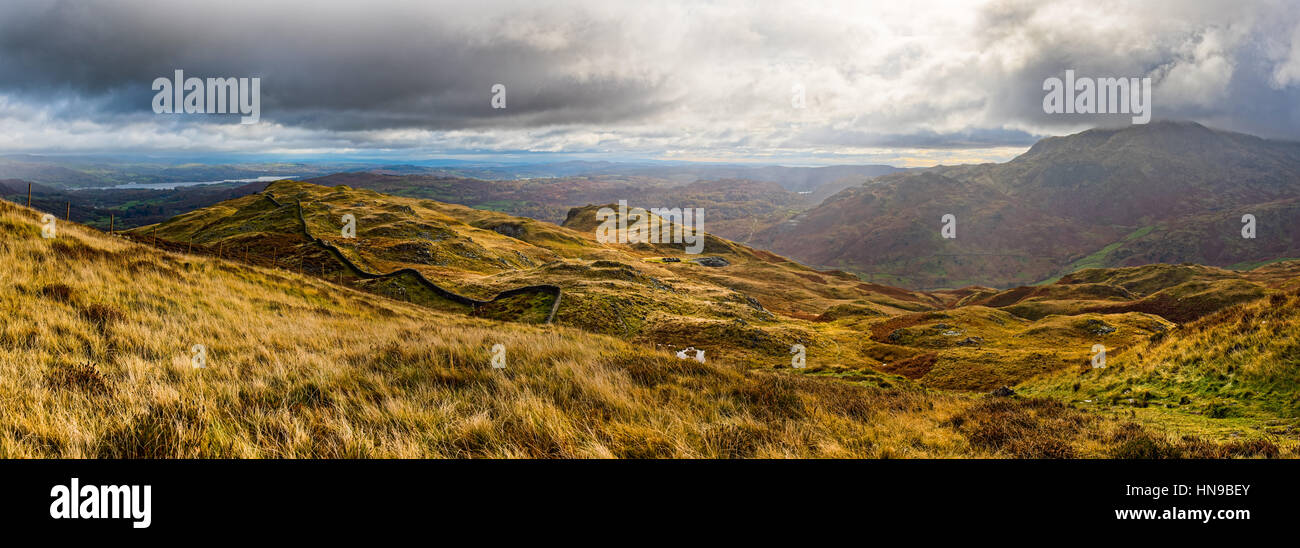 Vview from Lingmoor Fell of the South Lakeland fells including Wetherlam in the distance. Lake District National Park, Cumbria, England. Stock Photo