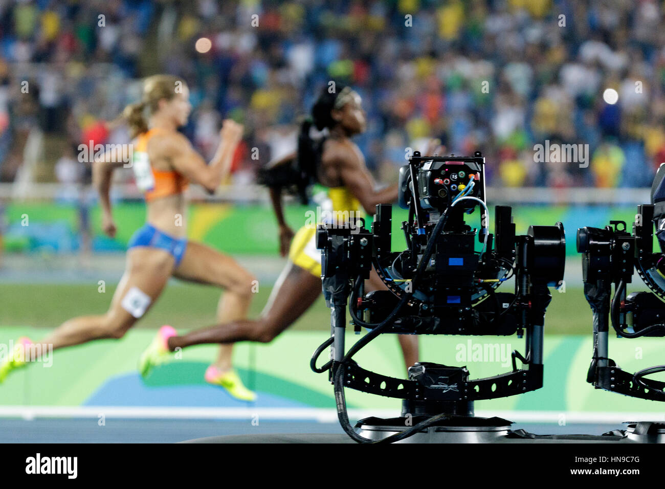 Rio de Janeiro, Brazil. 17 August 2016.  Athletics, TV cameras track the Women's 200m finals at the 2016 Olympic Summer Games. ©Paul J. Sutton/PCN Pho Stock Photo