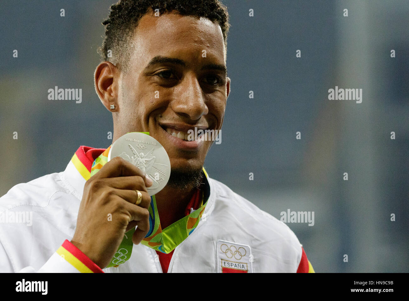 Rio de Janeiro, Brazil. 17 August 2016. Orlando Ortega (ESP) silver medal winner in the Men's 110m Hurdles at the 2016 Olympics Stock Photo